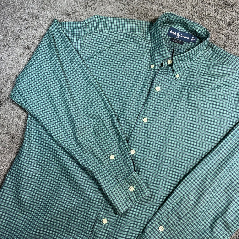 Ralph Lauren Greggor Button Down Shirt Mens M Green Navy Blue Check Plaid
